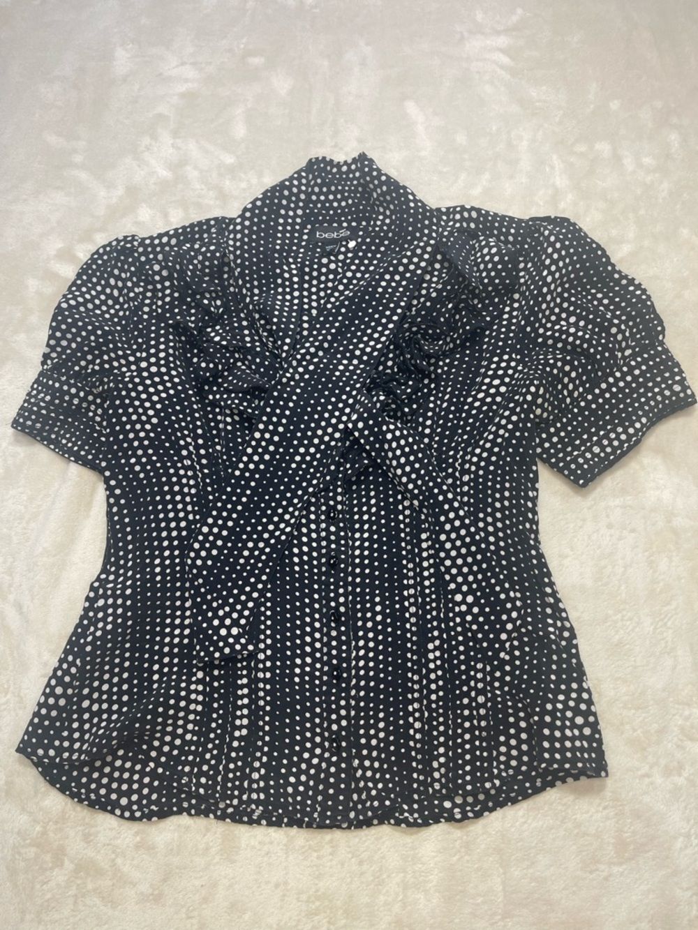 Bebe Polka Dot Tie Neck Ruffle Blouse Black White Medium